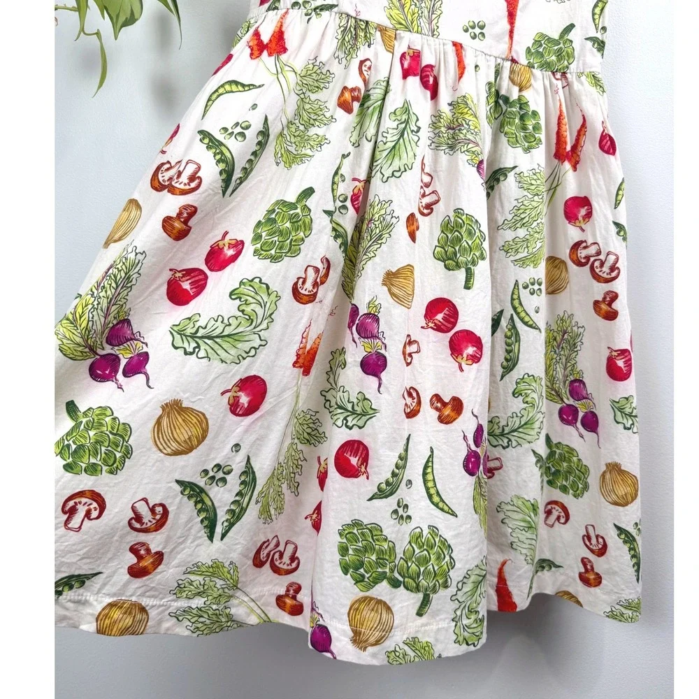 ModCloth Women White Vegetable Garden Cotton Fit Flare Pocket Dress M Retro